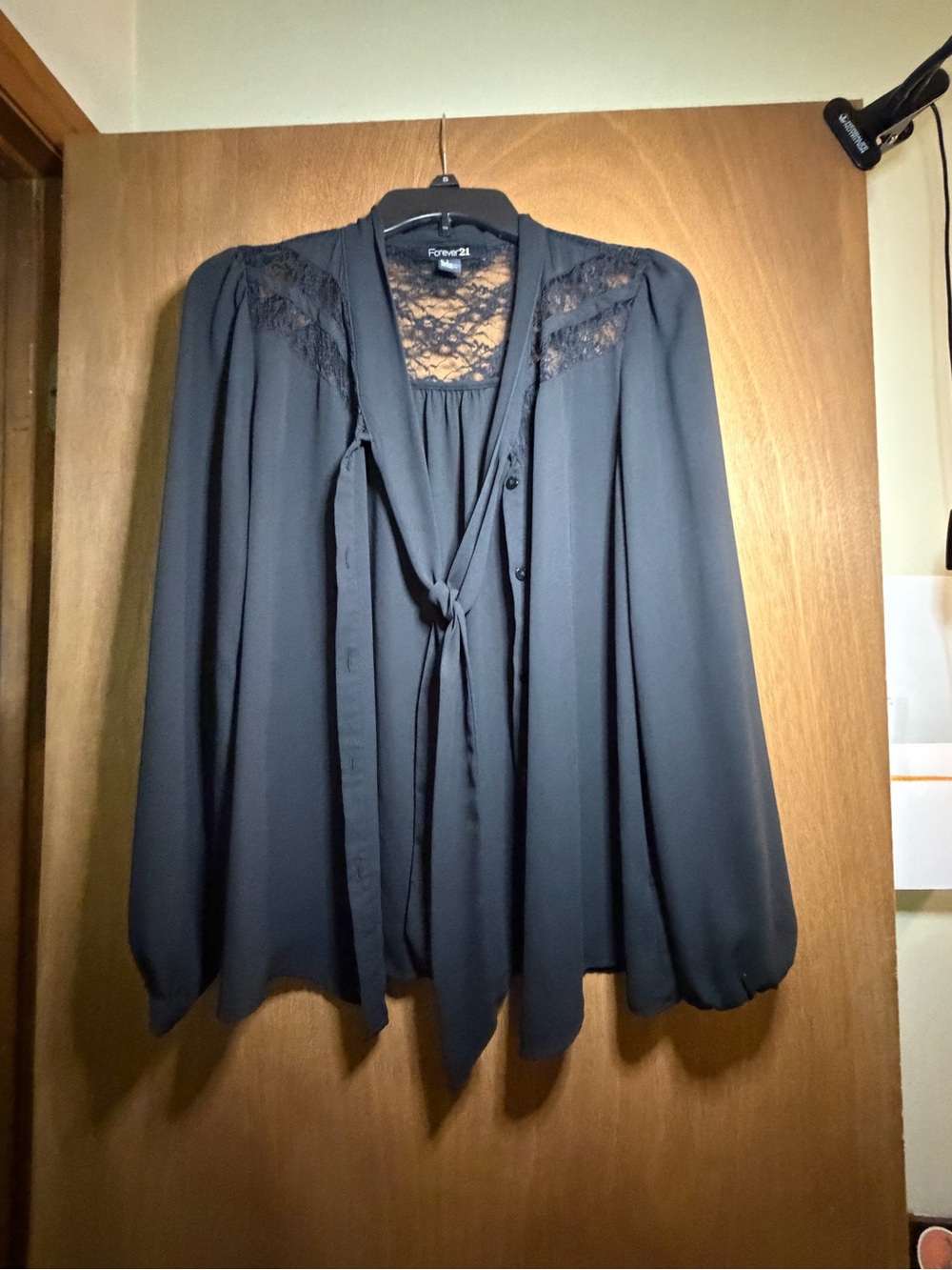 Forever 21 Black Lace Yoke Tie-Front Blouse size large